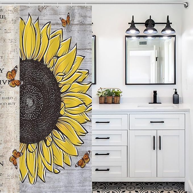 Inspirational Quotes Sunflowers Butterfly Shower Curtain,Vintage Old Newspaper Board Background Sunflower Animals Waterproof Shower Curtains for Bathroom Decor 12 Pack Hooks 55x72in（140x183cm）