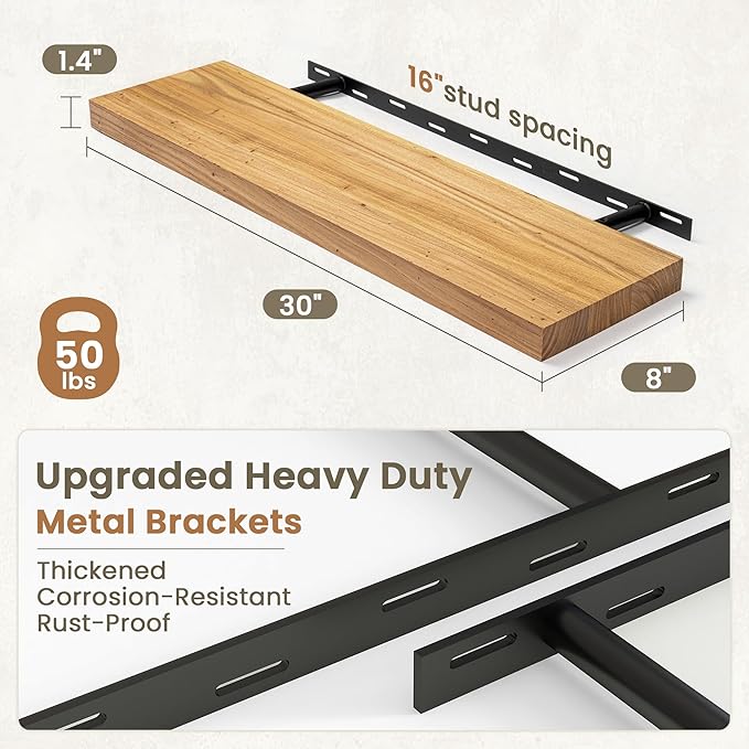 Fun Memories Solid Elm Wood Floating Shelves Set of 2-30 Inch Rustic Wall Shelves with Heavy-Duty Invisible Brackets - for Living Room, Kitchen, Bedroom, Bathroom - Natural Finish