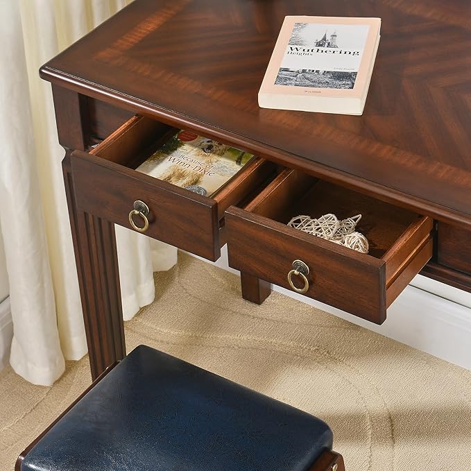 Vintage Wooden Writing Desk with 2 Drawers, Small Computer Desk Workstation 31.5in Wide Study Table for Home Office, Small Secretary Table in Cherry Walnut, SSZ-D1258