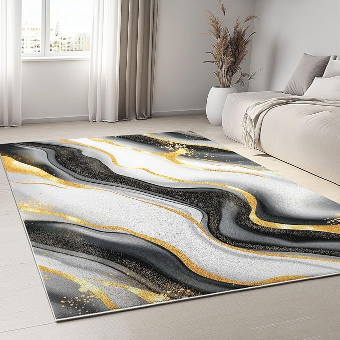 4 x 6 ft Washable Area Rug for Living Room, Abstract Luxury Marble Gold Texture Non-Slip Rugs for Bedroom, Black and White Print Carpets Indoor Mat Under Dining Table, for Kids Boys Girls