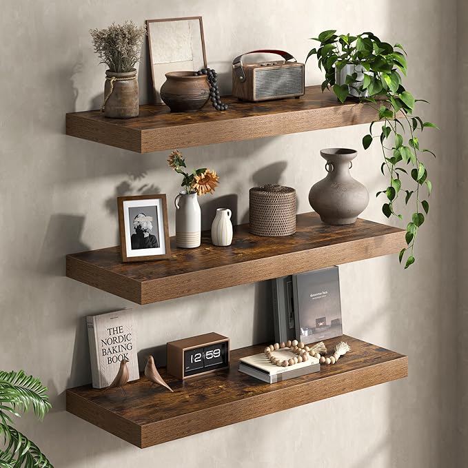 Fun Memories 72 Inch Floating Shelves, 12 Inch Deep Wall Shelf for Fireplace Mantel, Deep Storage Shelves for Home & Office, Long Floating Shelf with Invisible Bracket, Rustic Brown, Set of 2