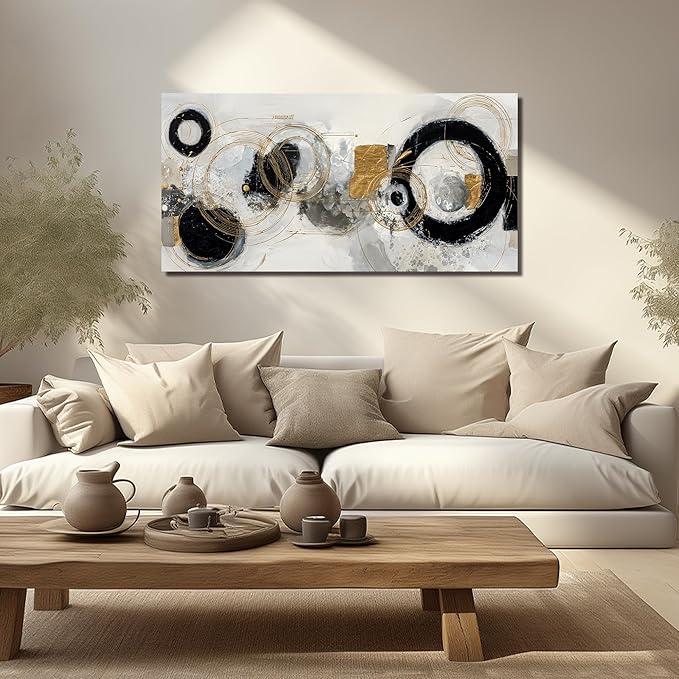 Abstract Circle Canvas Wall Art for Office Modern Wall Decor for Dining Room Black White Gold Pictures Wall Art for Bedroom Size 24 x 48 Inch