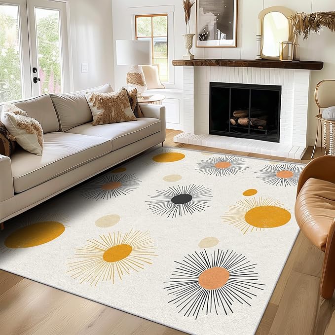 Atomic Rug 6x8, Washable Mid Century Modern Rugs for Living Room Bedroom, Retro Sun Geometric Area Rug for Home Decor, Non Slip Backing Floor Carpet with Gripper - 6 x 8 ft