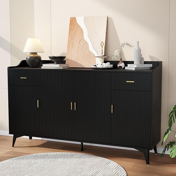 Black Buffet Cabinet with Storage: 63" Fluted Sideboard Cabinet with 2 Drawers, Wood Accent Cabinet with 4 Doors, Wood Credenzas for Living Room, Kitchen (63")