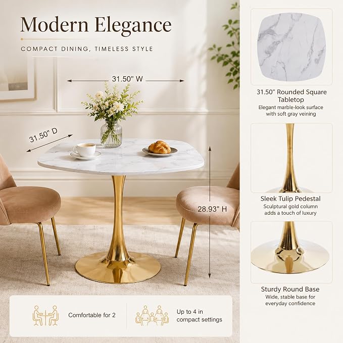 31.5" Square Dining Table for 2-4, White Marble-Look MDF Top with Gold Tulip Pedestal Base, Mid-Century Modern Kitchen Table for Apartment, Breakfast Nook, Café and Bistro