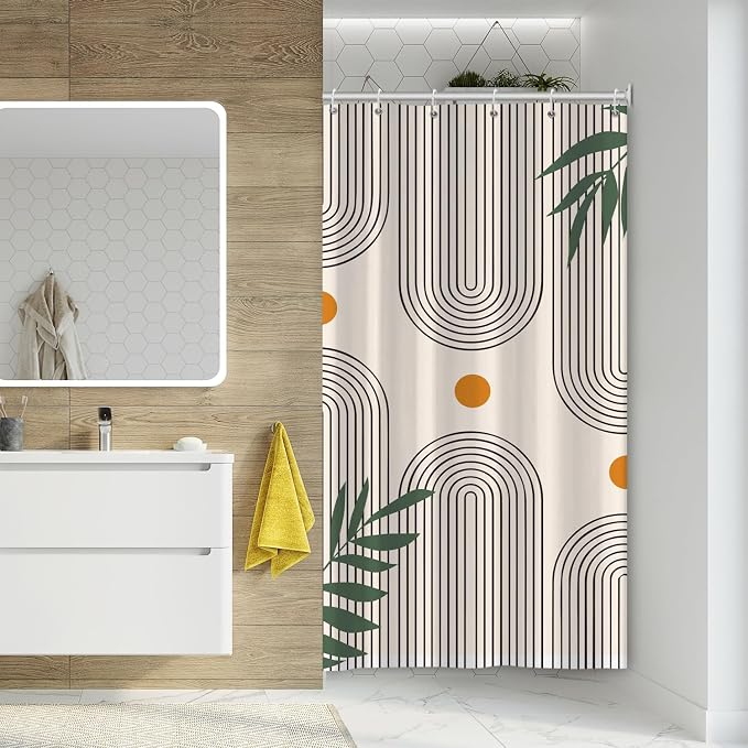 Boho Mid Century Shower Curtain Bohemian Minimalist Geometric Arch Sun Bathroom Curtain Sage Green Plant Polyester Shower Curtain Sets for Bathroom Extra Long 54x72 in with 10 Hooks