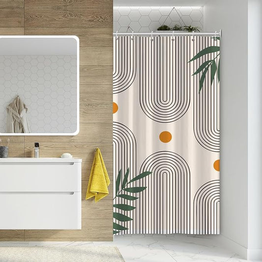 Boho Mid Century Shower Curtain Bohemian Minimalist Geometric Arch Sun Bathroom Curtain Sage Green Plant Polyester Shower Curtain Sets for Bathroom Extra Long 54x72 in with 10 Hooks