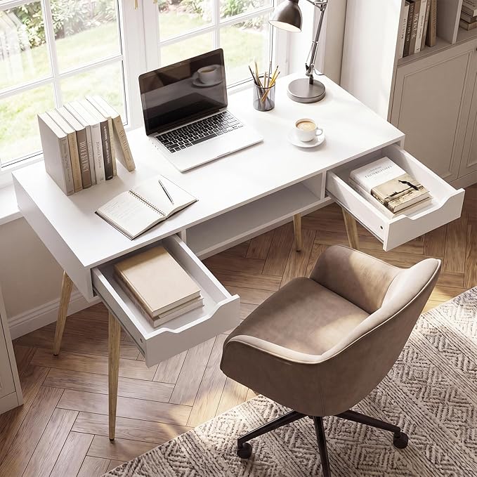 Tangkula White Writing Desk, Simple Computer Desk with 2 Drawers & Open Center Storage, Mid Century Modern Vanity Table, Small Wooden Study Table for Home Office & Compact Spaces