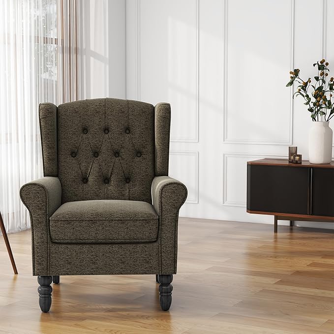 High Back Accent Chair, Fabric Upholstered Armchair Wingback Chair for Living Room, Comfy Single Sofa Bedroom Reading Seat with Solid Wood Legs - Taupe
