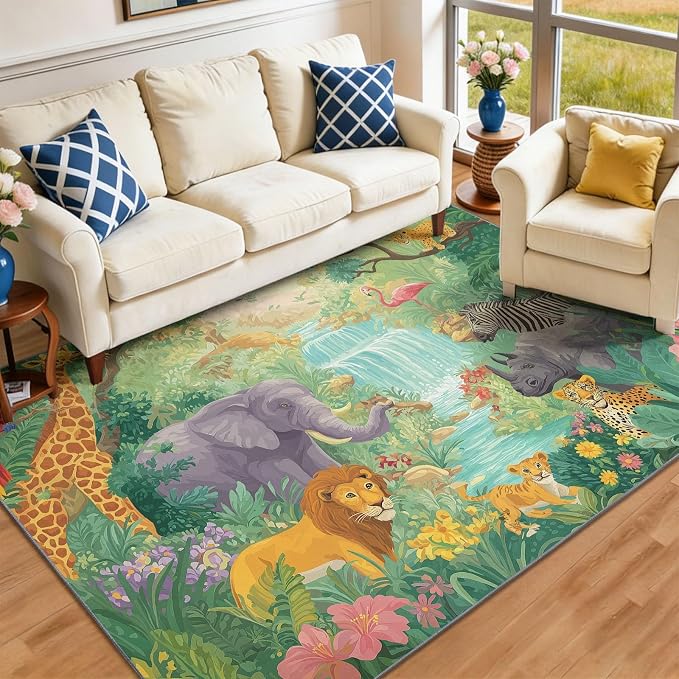Green 5' x 8' Washable Area Rug for Living Room, Modern Tropical Rainforest Animals Giraffe Flamingo Printed Non-Slip Carpet - Low Pile Soft Indoor Rug for Bedroom Kids Playroom Parent-Child Space