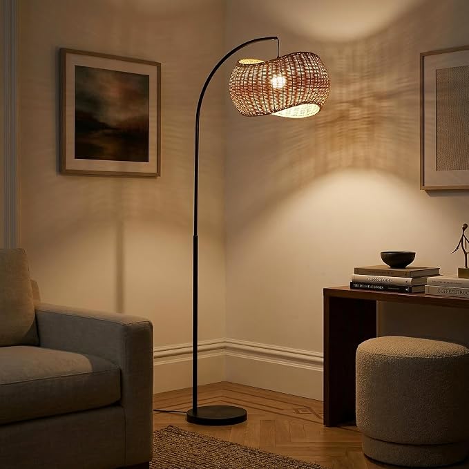 Brightech Wave Arc Floor Lamp - Chic Standing Lamp with Unique Hanging Wicker Pendant Shade for Living Room, Boho Rattan Natural Decor Lamp, Arcs Over Sofa, Bedroom & Office Desk for Reading - Black