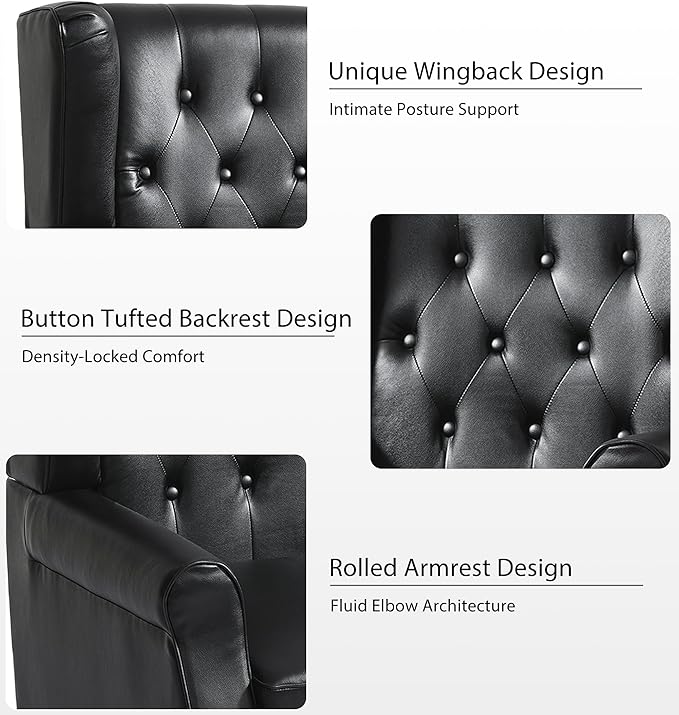 Lumibee High Back Accent Chairs Set of 2,Upholstered Faux Leather Wingback Armchairs with Solid Wood Legs for Small Spaces,Comfy Single Sofa Chairs for Living Room,Bedroom-Carbon Black