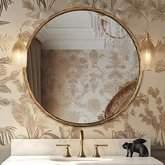 ANDY STAR 24 Inch Hand-Forged Round Gold Mirrors, Solid Steel Frame Antique Brass Bathroom Round Wall Mirror for Over Sink, Vanity Hammered Circle Mirror for Vintage, Farmhouse, Rustic