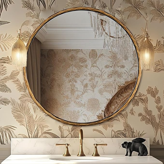 ANDY STAR 36 Inch Hand-Forged Round Gold Mirrors, Hammered Bathroom Round Wall Mirror for Over Sink, Solid Steel Metal Frame Vanity Circle Mirror for Antique, Vintage, Farmhouse, Rustic