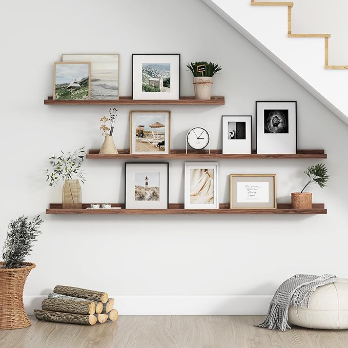 48 Inch Walnut Modern Wall-Mounted Wooden Picture Ledge Bookshelf Set of 4, Floating Shelves