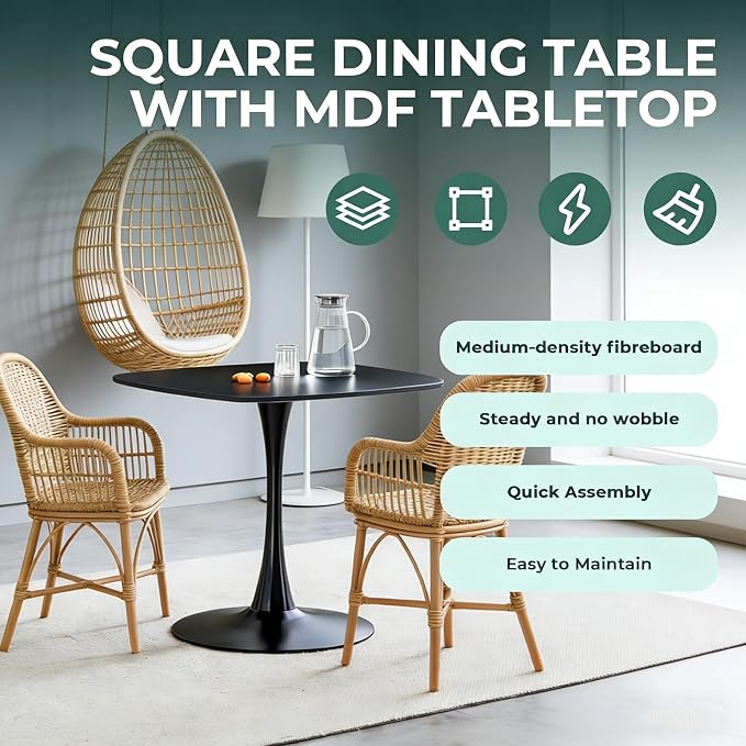 31.5 inches Black Square Dining Table for 2, Special Kitchen Table with Tulip Shape & Metal Pedestal Base, Mid Century Modern Bistro Tulip Table for Kitchen, Small Space, Cafe