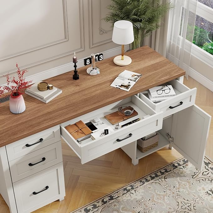 Vabches Farmhouse 61'' Executive Desk with 5 Drawers, Rustic Office Desk Computer Desk with Charging Station, File Drawers and Storage Cabinet, Wood Workstation for Home Office and Study.(Brown Top)