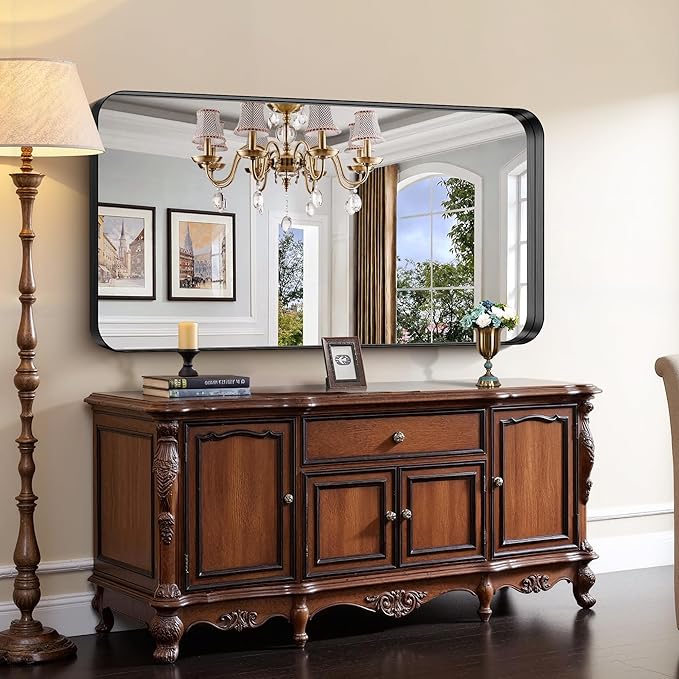 CIRCUMI Black Bathroom Mirror, 30"x60" Rectangular Mirror with Deep Metal Frame, Rounded Corner, Tempered Glass, Large Mirror for Wall, Over 2 Sinks, Installed Vertically/Horizontally, Crystal-Clear