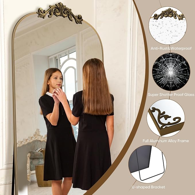 Antok Arched Full Length Mirror, 71"x28" Floor Mirror with Carved, Full Body Mirrors for HomeDecor, Standing/Halling Large Wall Mirror for Bedroom, Living Room, Cloakroom, Bronze, Luxury Style
