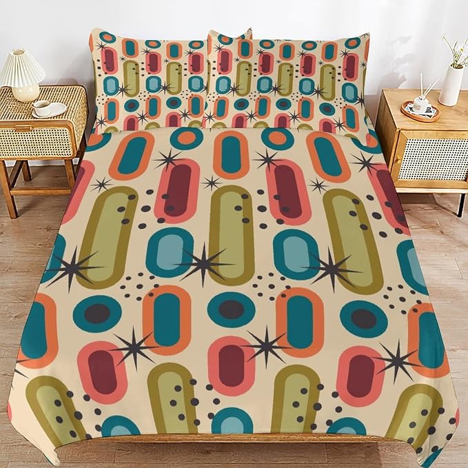 Colorful Aesthetic Comforter Cover Geometry Bed Set, Retro Atomic Duvet Cover，Modern Mid Century Bedding Sets，Aesthetic Abstract Art Bedding 3 Piece (1 Duvet Cover 79"x90" + 2 Pillow Sham 20"x30")