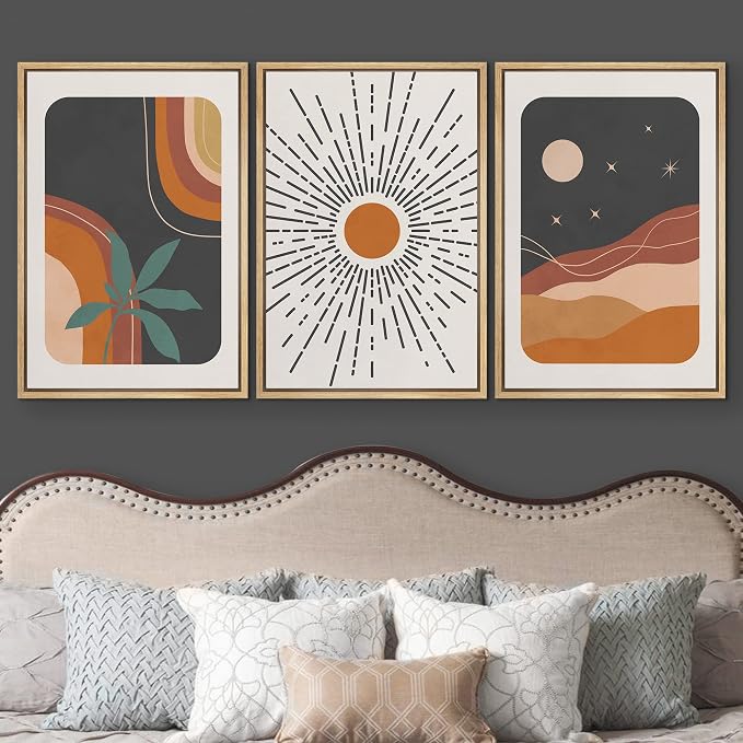wall26 Framed Canvas Print Wall Art Set Boho Mid-Century Colorful Sun Moon Landscapes Nature Abstract Illustrations Modern Art Bohemian Decorative for Living Room, Bedroom, Office - 16"x24"x3 Natural