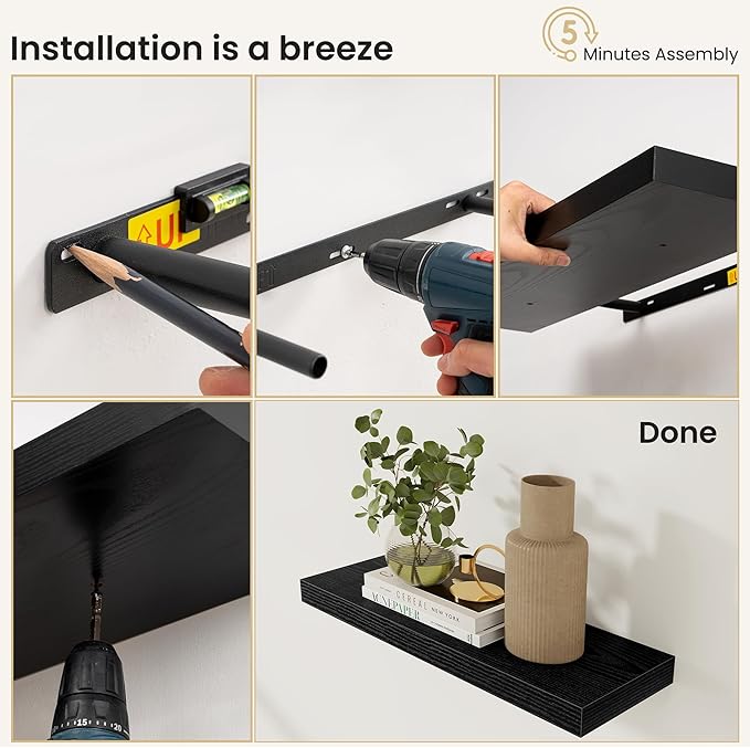Fun Memories Floating Shelves for Wall, Rustic Wood Wall Mounted Shelves for Bathroom, Bedroom, Living Room & Kitchen, Storage Display Shelves, (Set of 2, Black, 72 in)