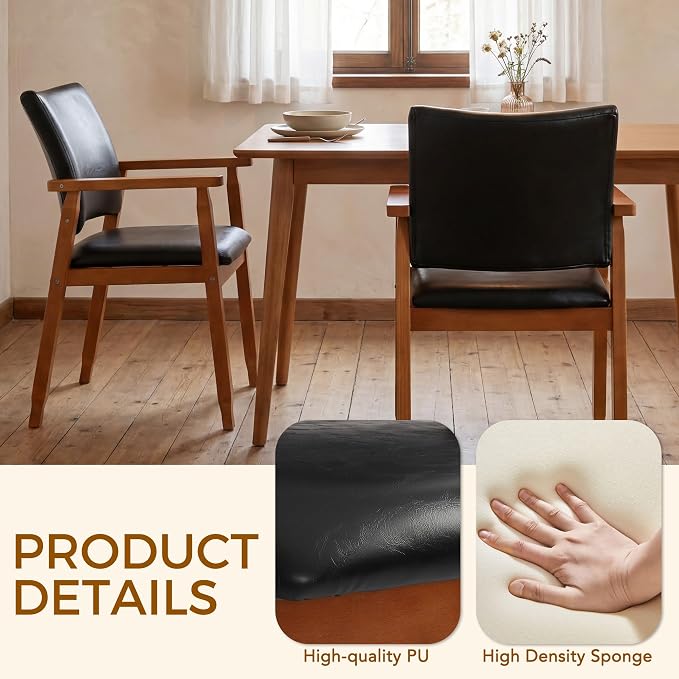 Dining Chairs with Arms Set of 2, Wood Frame Faux Leather Kitchen Chairs, Comfortable Upholstered Accent Chairs for Kitchen, Dining Room,and Living Room(Black)