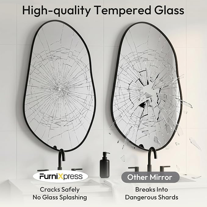 32 x 16.5 Inch Irregular Wall Mirror, Asymmetrical Black Decorative Mirror with Matte Aluminum Frame, Tempered Glass Organic Shape Mirror for Entryway, Bathroom, Bedroom, Vanity & Hallway