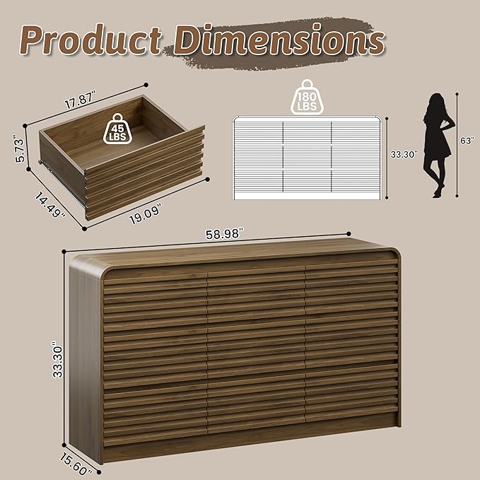 Fluted 9 Drawer Dresser for Bedroom, 59" Wide Wood Chests of Drawers with Curved Profile, Mid Century Modern Dresser with Large Storage & Hidden Handle for Living Room, Hallway, Walnut