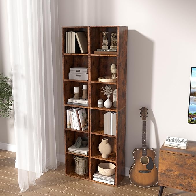 6-Tier Wooden Cube Storage Organizer, 62 Inch Tall Bookcase & Display Shelf with 6 Open Cubes, Freestanding DIY Closet Shelving Unit for Living Room Office(Retro Brown, 6 Cube-W(11.8inch)