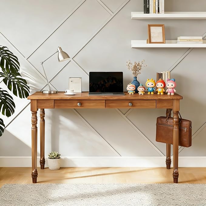 100% Solid Wooden Desk with Drawers - 47.2” Mid Century Modern Desk with 2 Hooks, Vintage Writing Desk with Drawers, Simple Work Study Table for Bedroom & Home Office - Walnut Color