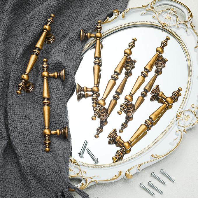 Shimeyao 10 Pack Antique Brass Cabinet Pulls 3-3/4"(96 mm) Hole Center Vintage Cabinet Pulls Handles Drawer Handles Closet for Kitchen Bathroom Drawer Dresser Pull Hardware Hole Center
