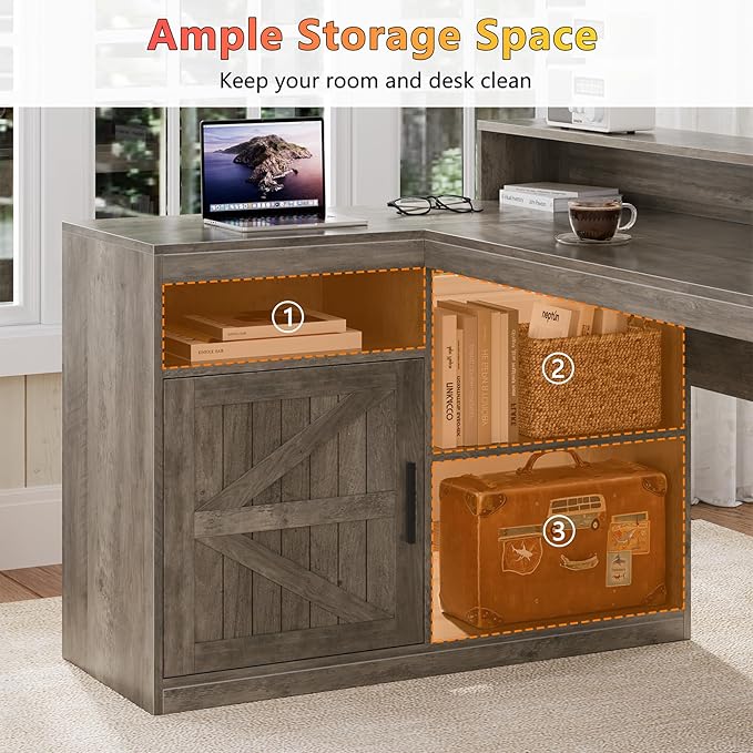 TVU Farmhouse L Shaped Desk with Drawers, 62.2" Home Office Desk with Storage Shelves and Power Outlet, L Shaped Computer Desk with Monitor Stand and Printer Shelf, Gray