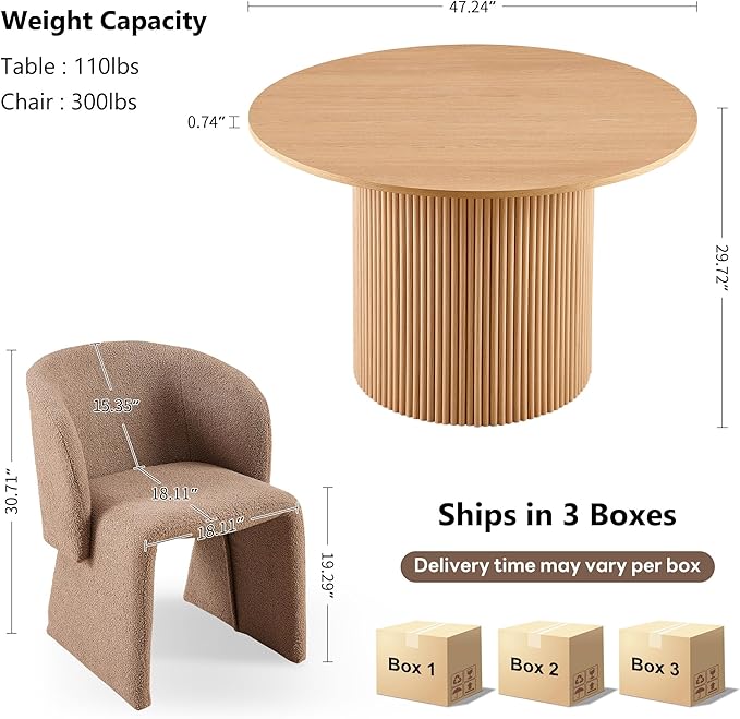 NORDICANA 3-Piece Round Dining Table Set for 2, Rustic 47-Inch Kitchen Table and Chair Set, Dining Set with Brown Upholstered Armchairs, Manufactured Wood Top with Oak Veneer