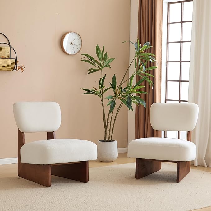Accent Chairs Set of 2, Mid-Century Modern Chair with Polyester Upholstery, Wood Base with Walnut Finish, Minimalist and Stylish Accent Seating for Living Room, Bedroom, Balcony, Walnut