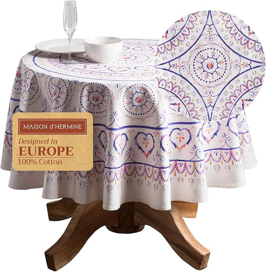 Maison d' Hermine Table Cloth Round Table 100% Cotton 63 Round Inches Tablecloth Reusable Decorative for Dining Room Farmhouse Home Valentines Day Decorations Spring Summer - Mandala
