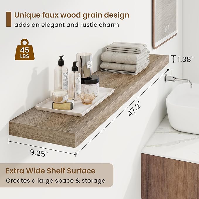 48in Floating Shelves for Wall, 48"W x 9.25"D x 1.25"H, 2 Pack Long Wall Mounted Engineered Wood Shelves with Invisible Brackets for Living Room, Bedroom, Bathroom, Kitchen Decor and Storage, Grey