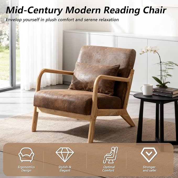 Mid Century Modern Lounge Chair with Wooden Frame & Gold-Embossed Upholstery, Vintage-Inspired Accent Chair with Pillow, Modern Living Room Chair for Stylish Home Interiors