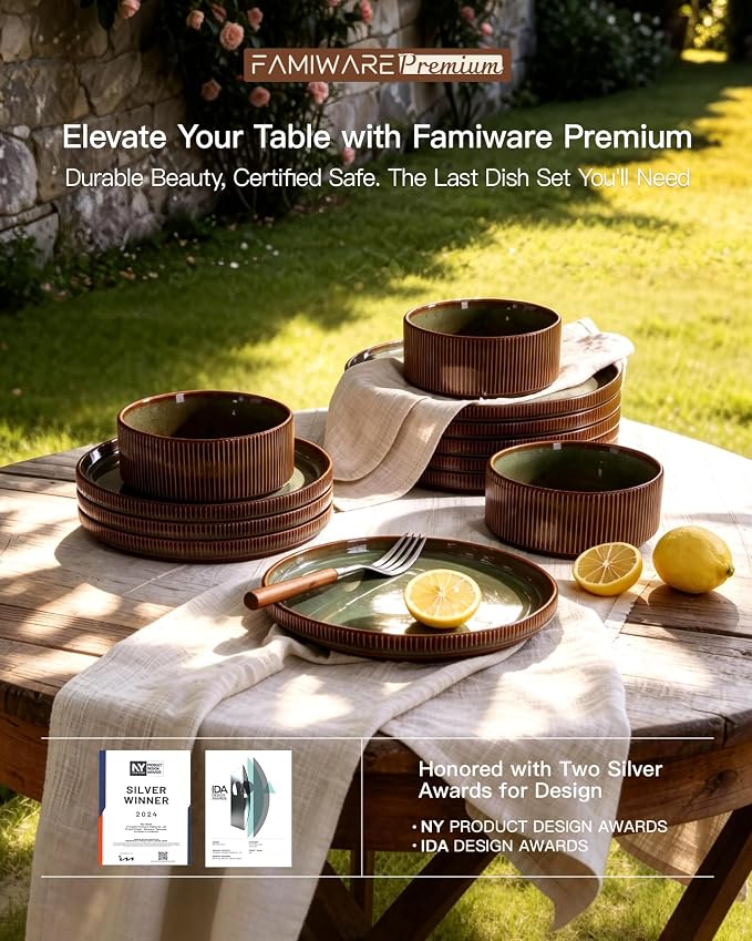 Stoneware Plates and Bowls Dishes Sets Service for 6 (18-Piece), Famiware Premium Handcrafted Reactive Glaze Dinnerware Set with Raised Rim, Scratch Resistant, Microwave Dishwasher Safe, Moss Cocoa