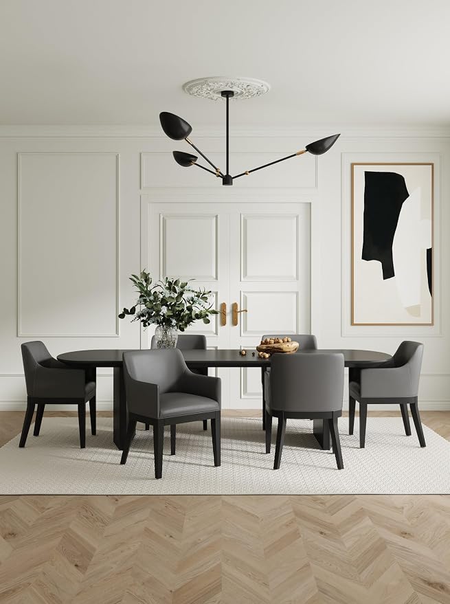 Manhattan Comfort Gansevoort Modern Faux Leather Dining Chair with Arms, Leatherette Upholstery on Solid Beech Wood Frame, Accent Furniture for Kitchen Table or Office, Set of 1, Pebble Grey