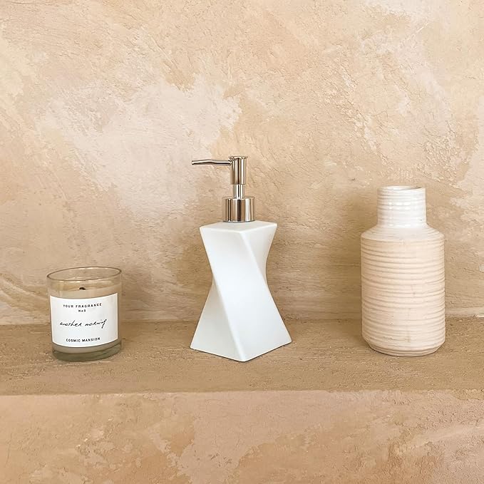Modern White Hand Soap Dispenser with Silver Pump for Bathroom Countertop, Dish Soap Dispenser for Kitchen Sink, Contemporary Art Style, Matte Finish, 8.5oz (Arctic White)