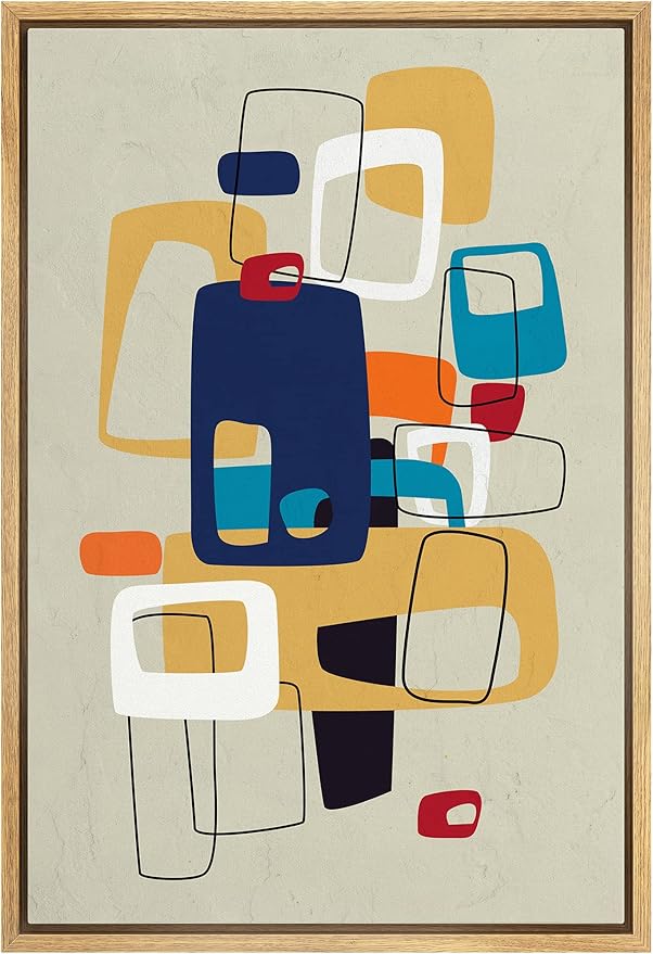 MUDECOR Framed Canvas Print Wall Art Mid-Century Modern Colorful Polygon Collage Abstract Shapes Illustrations Minimalism Decorative Bohemian Multicolor Geometric Retro for Bedroom - 16"x24" Natural