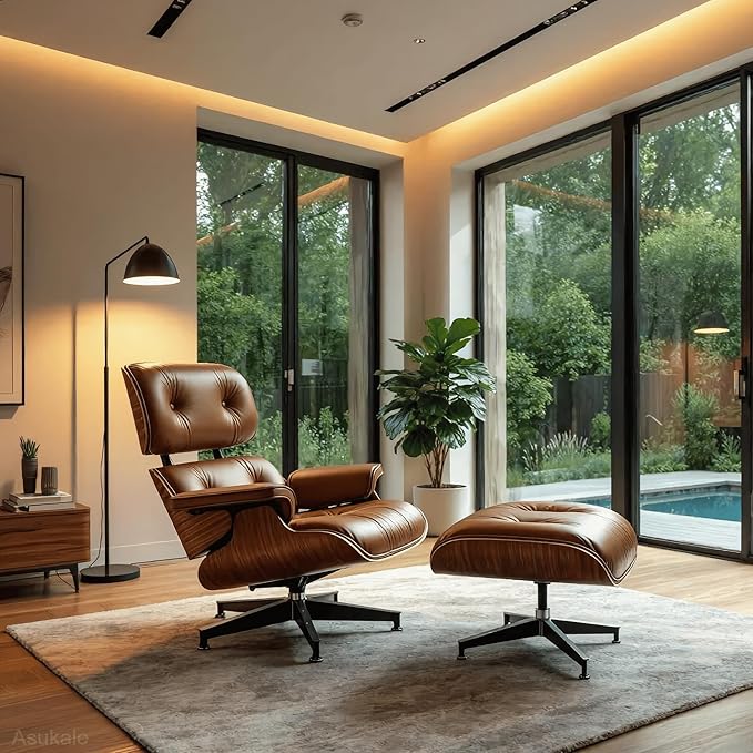 Top Grain Leather, Mid Century Chaise Lounge Chair and Ottoman, Reading Chair, Accent Chair, Modern Classic Chair, Heavy Duty Base Support for Living Room Lounge Office, Walnut-Brown, Heightening
