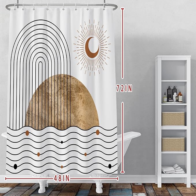 Baocicoo Boho Mid Century Shower Curtain Abstract Wave Shine Crescent Abstract Sun and Moon Shower Curtain for Bathroom Cubicle Durable Fabric Waterproof Curtain for Bathroom with Hooks 48x72 Inches