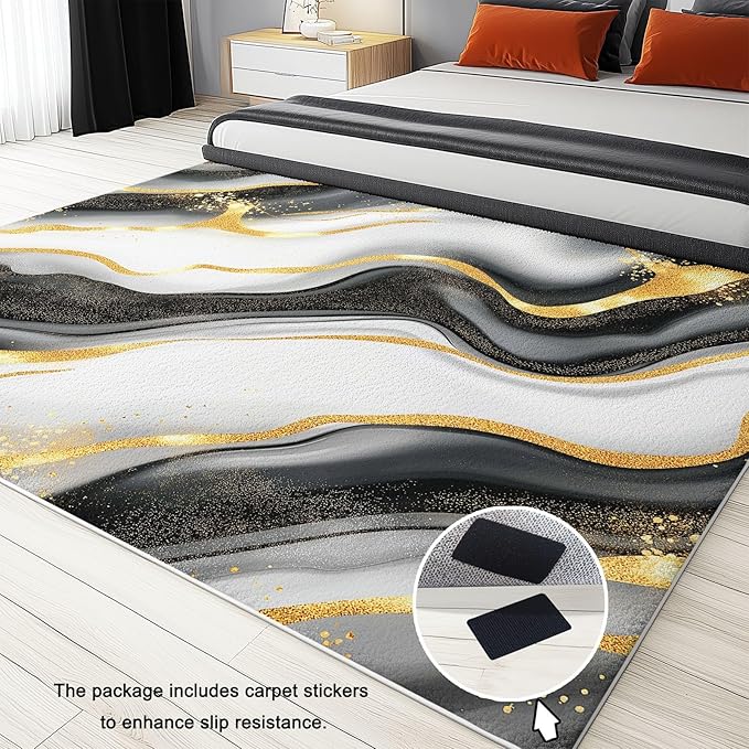 Black White Carpet 3 x 4 ft Area Rug for Living Room, Indoor Carpet for Bedroom - Washable Non-Slip Abstract Luxury Marble Gold Texture Print Kids Rug for Nursery Playroom Dorm Office Dining Room