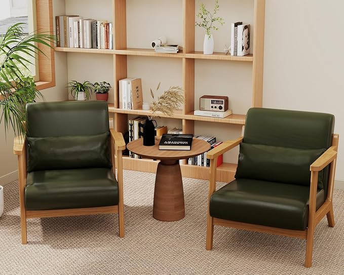 Accent Chair and Ottoman Set, Mid-Century Modern Faux Leather Upholstered Lounge Armchair with Pillow, Solid Wood Frame & Comfortable Cushion for Living Room, Bedroom, Balcony, Green