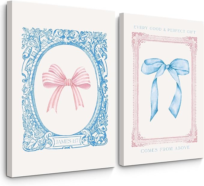 Preppy Bow Wall Art Decor Set of 2 Coquette Canvas Wall Decor Aesthetic Pictures Trendy Girly Wall Art Pink Blue Bow Prints Christian Bible Verse Poster for Bedroom Living Room 12x16 Inch Framed