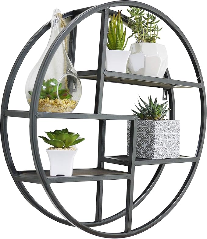 Admired By Nature, 18" Mounted Iron Circle Hanging Storage Shelving Floating Shelf 4 Tier Floating Circular Wall Decor Round Decorative Hanging Shelves, Sphere Shape Wall Shelf For Home, Black, 1 unit