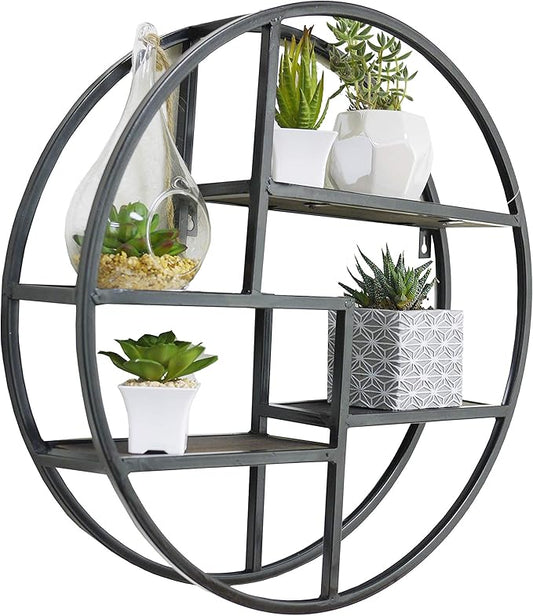 Admired By Nature, 18" Mounted Iron Circle Hanging Storage Shelving Floating Shelf 4 Tier Floating Circular Wall Decor Round Decorative Hanging Shelves, Sphere Shape Wall Shelf For Home, Black, 1 unit