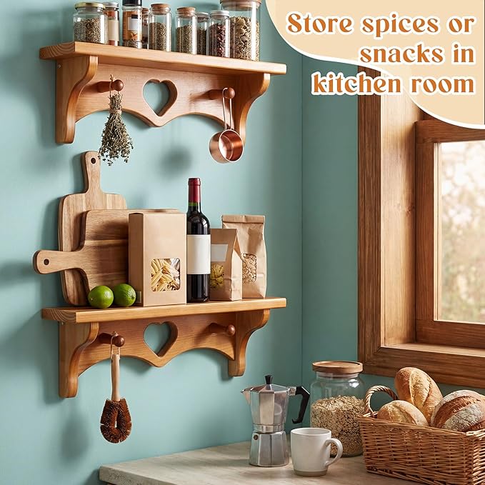 Novabright 2 Pcs Wooden Heart Shelves 16" Vintage Floating Shelf with Hooks Natural Walnut Pine Wood Coat Rack Wall Mounted Hanging Shelf for Living Room Bedroom Bathroom Home Decor